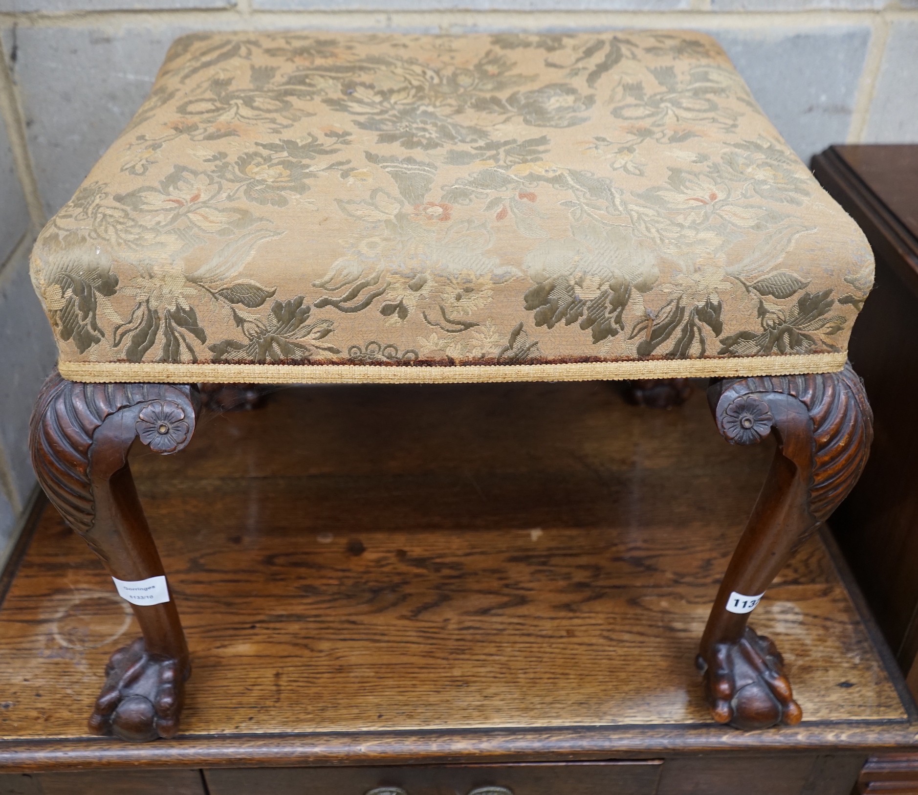 A George II style walnut dressing stool, width 57cm, depth 49cm, height 44cm